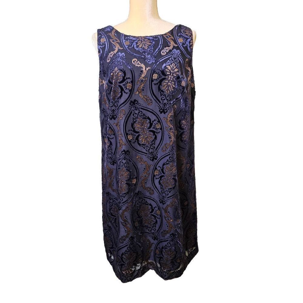 Monroe & Main, navy blue sleeveless dress with raised velvet design. Size M.